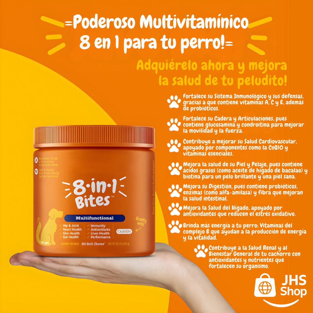 MULTIVITAMÍNICO 8 EN 1 PARA PERROS (Contiene: 90 masticables). 🐶 🐾 🧡 ¡Mejora la salud de tu peludito, fortaleciendo su sistema inmunológico y cardiovascular!