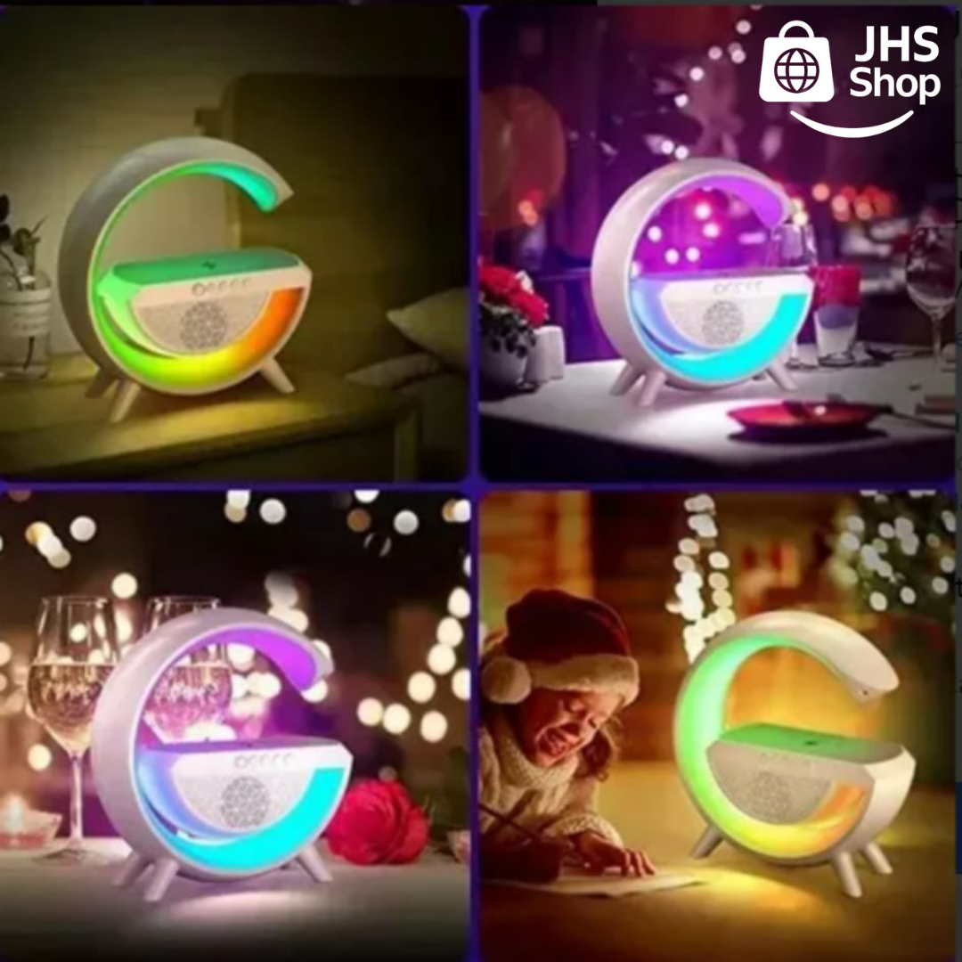 BOCINA BLUETOOTH + CARGADOR INALAMBRICO + LÁMPARA INTELIGENTE. 🔊 🎼💡 🟣 🟢 📲🔋 ¡Carga la batería de tu celular mientras escuchas tu música favorita!