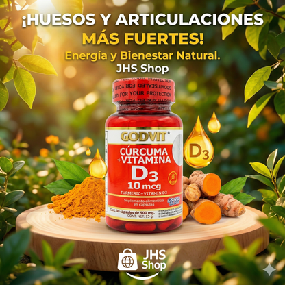 SUPLEMENTO CÚRCUMA + VITAMINA D3 Godvit® (30 cápsulas). Certificado por COFEPRIS.