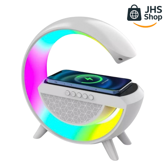 BOCINA BLUETOOTH + CARGADOR INALAMBRICO + LÁMPARA INTELIGENTE. 🔊 🎼💡 🟣 🟢 📲🔋 ¡Carga la batería de tu celular mientras escuchas tu música favorita!