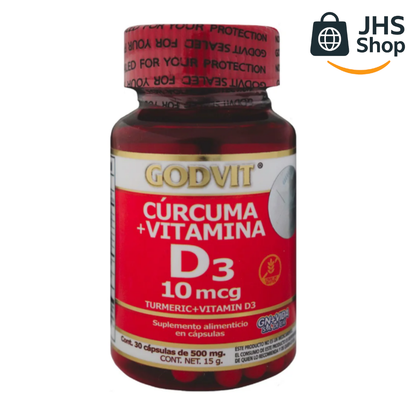 SUPLEMENTO CÚRCUMA + VITAMINA D3 Godvit® (30 cápsulas). Certificado por COFEPRIS.