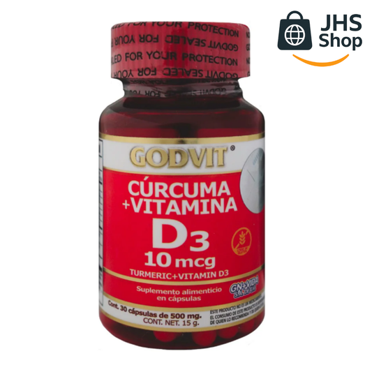 SUPLEMENTO CÚRCUMA + VITAMINA D3 Godvit® (30 cápsulas). Certificado por COFEPRIS.