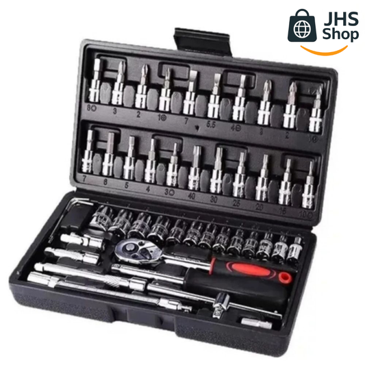 JUEGO DE HERRAMIENTAS LLAVES DE DADOS de 46 Piezas. 🧰 🗜️🔩 ¡Es perfecto para mejoras en el hogar, mecánica de autos, carpintería y construcción!