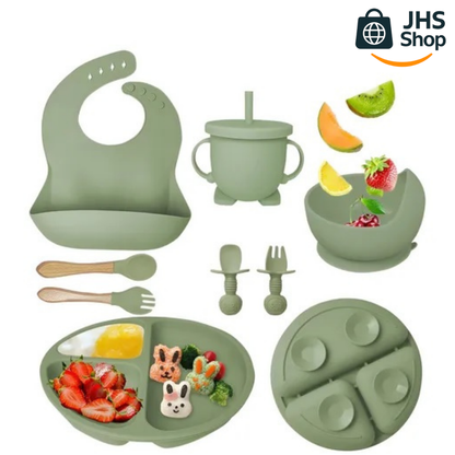 JUEGO DE PLATOS, VASO ENTRENADOR  Y CUBIERTOS DE SILICÓN GRADO ALIMENTICIO PARA BEBÉS (8 piezas). 🍏🥣👶🏻💕