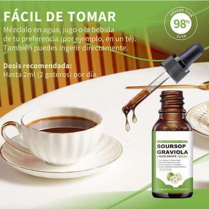 GOTAS ORGÁNICAS DE GUANÁBANA, para mejorar la digestión y fortalecer el sistema inmunológico.