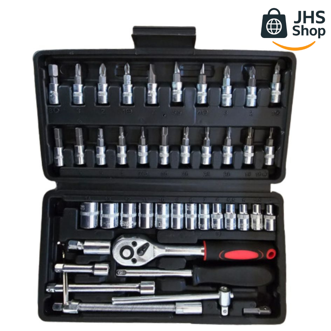 JUEGO DE HERRAMIENTAS LLAVES DE DADOS de 46 Piezas. 🧰 🗜️🔩 ¡Es perfecto para mejoras en el hogar, mecánica de autos, carpintería y construcción!