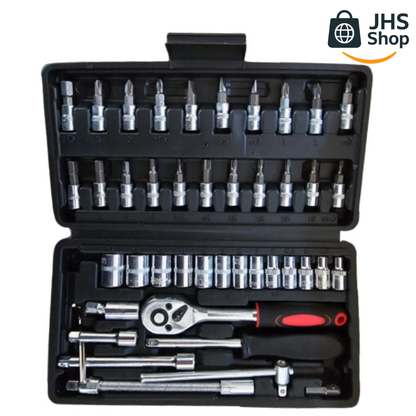 JUEGO DE HERRAMIENTAS LLAVES DE DADOS de 46 Piezas. 🧰 🗜️🔩 ¡Es perfecto para mejoras en el hogar, mecánica de autos, carpintería y construcción!