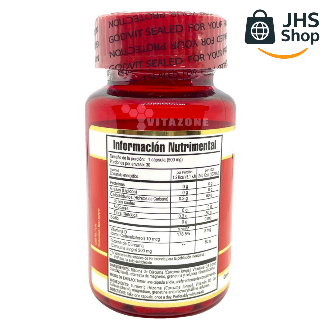 SUPLEMENTO CÚRCUMA + VITAMINA D3 Godvit® (30 cápsulas). Certificado por COFEPRIS.