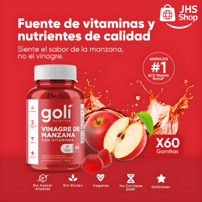 SUPLEMENTO GOMITAS GOLI® DE VINAGRE DE MANZANA (60 gomas) 🍎. ¡Mejora tu salud digestiva, energía, control de peso y bienestar general!