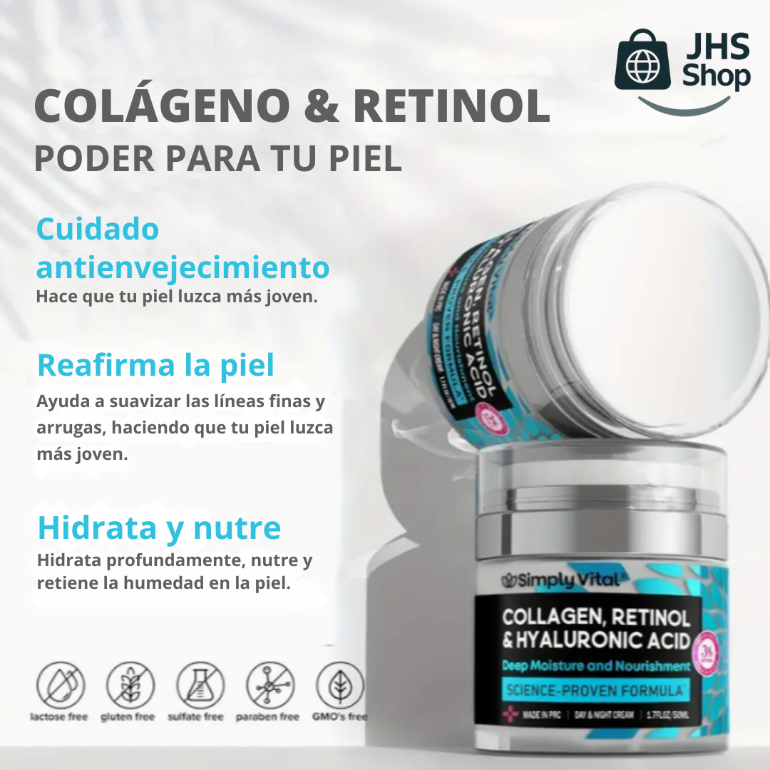CREMA DE COLÁGENO, RETINOL Y ÁCIDO HIALURÓNICO SimplyVital®. ¡Poderosa terapia antienvejecimiento para tu piel!