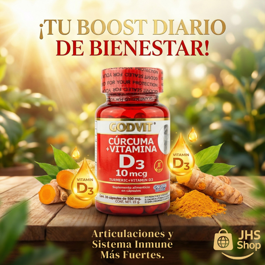 SUPLEMENTO CÚRCUMA + VITAMINA D3 Godvit® (30 cápsulas). Certificado por COFEPRIS.