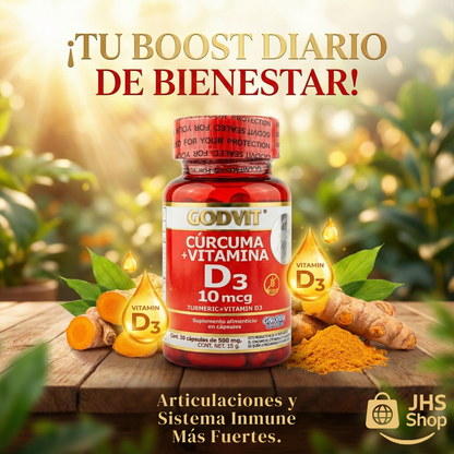 SUPLEMENTO CÚRCUMA + VITAMINA D3 Godvit® (30 cápsulas). Certificado por COFEPRIS.