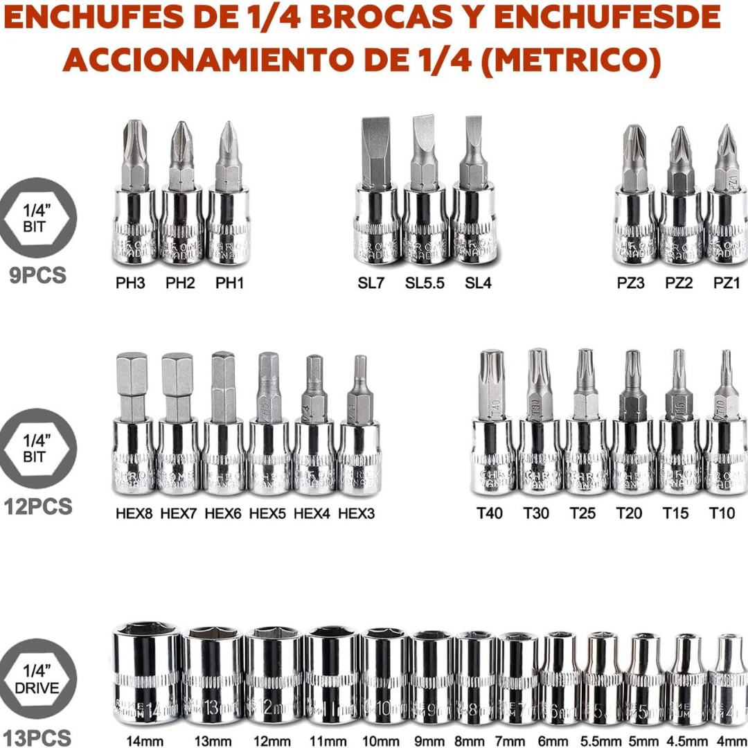 JUEGO DE HERRAMIENTAS LLAVES DE DADOS de 46 Piezas. 🧰 🗜️🔩 ¡Es perfecto para mejoras en el hogar, mecánica de autos, carpintería y construcción!