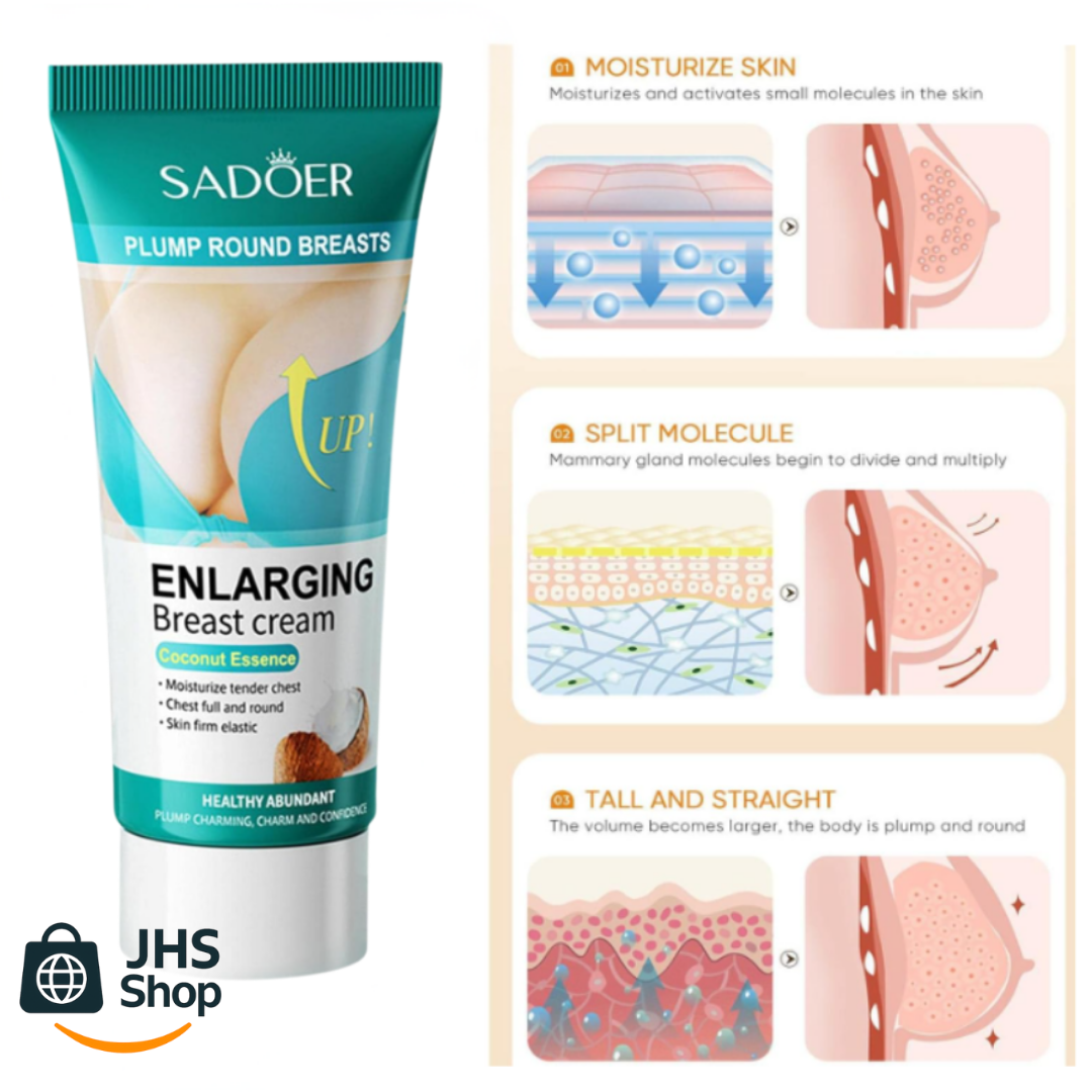 CREMA Sadoer® PARA AGRANDAR EL BUSTO. ¡Con su extracto de coco, hidrata y favorece el crecimiento del busto de forma natural!