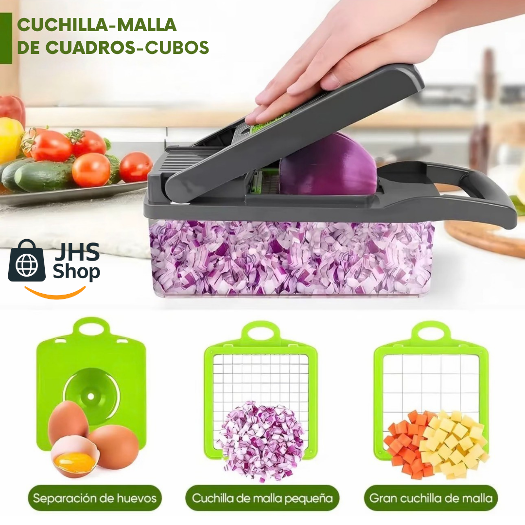 CORTADOR MULTIFUNCIONAL DE COCINA 12 en 1. 🥬 🥗 🥒 💚 👩🏻‍🍳 ¡Cocina y prepara tus platillos favoritos de forma más fácil y rápida!