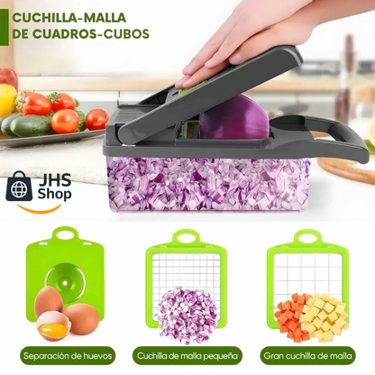 CORTADOR MULTIFUNCIONAL DE COCINA 12 en 1. 🥬 🥗 🥒 💚 👩🏻‍🍳 ¡Cocina y prepara tus platillos favoritos de forma más fácil y rápida!