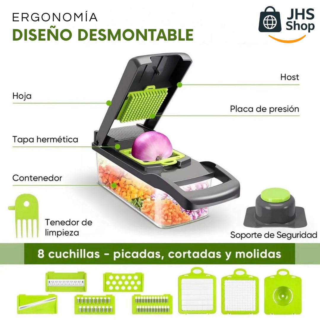 CORTADOR MULTIFUNCIONAL DE COCINA 12 en 1. 🥬 🥗 🥒 💚 👩🏻‍🍳 ¡Cocina y prepara tus platillos favoritos de forma más fácil y rápida!