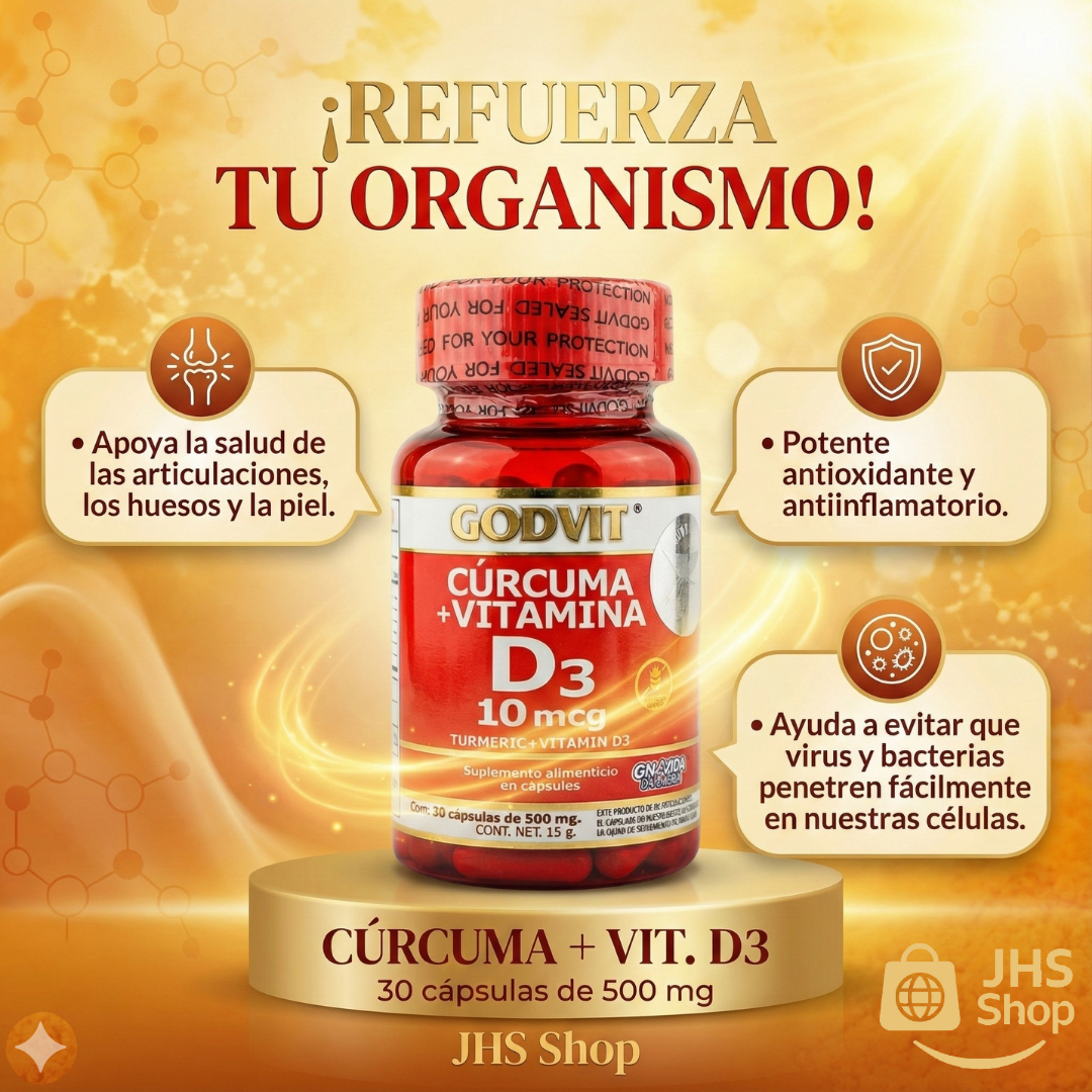 SUPLEMENTO CÚRCUMA + VITAMINA D3 Godvit® (30 cápsulas). Certificado por COFEPRIS.