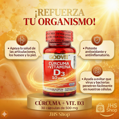 SUPLEMENTO CÚRCUMA + VITAMINA D3 Godvit® (30 cápsulas). Certificado por COFEPRIS.