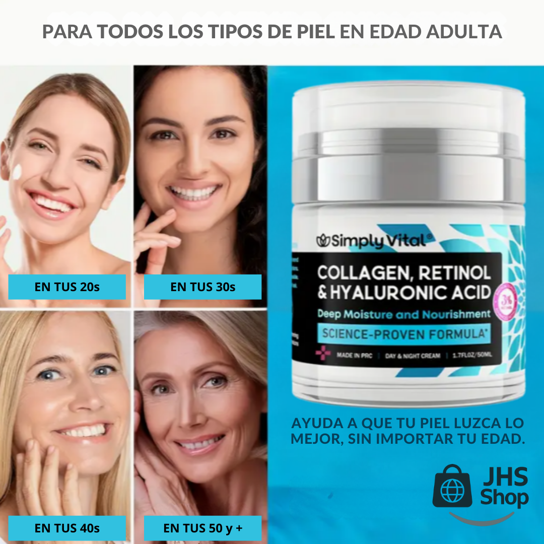 CREMA DE COLÁGENO, RETINOL Y ÁCIDO HIALURÓNICO SimplyVital®. ¡Poderosa terapia antienvejecimiento para tu piel!